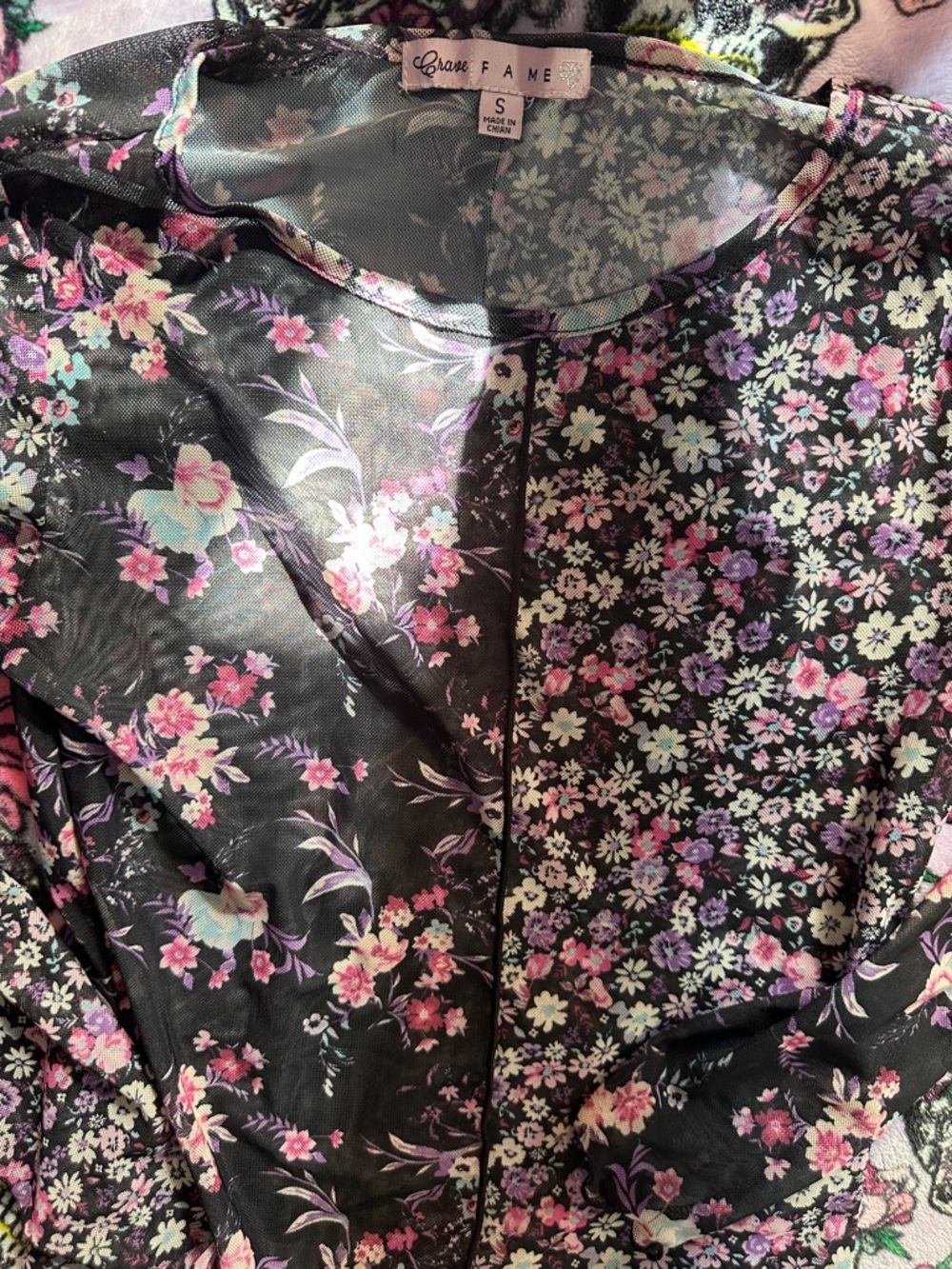 Crave Fame Black Floral Long Sleeve Top - Pink, Purple, White